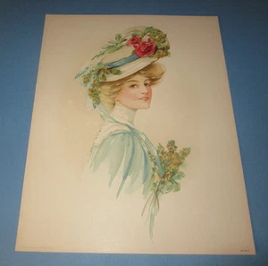Old Vintage 1908 - Antique VICTORIAN PRINT - Lady - RED ROSE Flower HAT - Picture 1 of 1