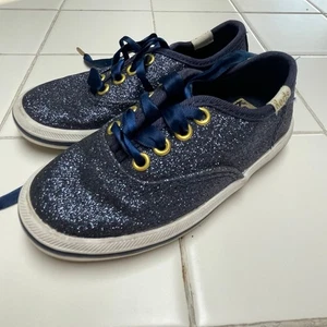 Keds Kate Spade Champion Blue Navy Glitter Sneakers Satin Laces Girls Size 7 - Picture 1 of 6