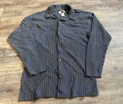 复古纽扣衬衫男式 M 蓝色灰色条纹长袖 Y2K Skater Street — 第 1/4 张图片