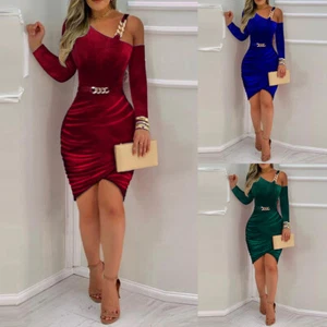 Women Sexy Velvet Chain Bodycon Mini Dress One Shoulder Party Cocktail Dresses - Picture 1 of 21