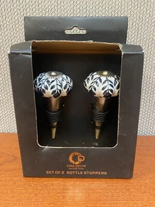 Casa Decor Set of 2 Bottle Stoppers Black & White Floral Wine Corks Bar NEW - Picture 1 of 7