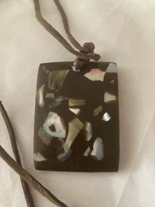 Resin Pendant With Leather Cord - Embedded MOP & Other Reflective Gems - Picture 1 of 6