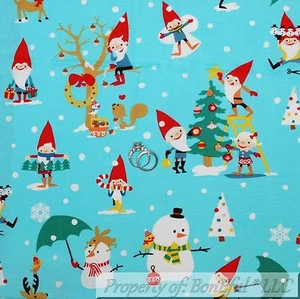 BonEful Fabric FQ Cotton Quilt Blue White Red Xmas Tree Gnome Elf Snowman Print - Picture 1 of 12