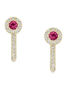 0.50ct Natural Round Diamond Ruby 14k Solid Yellow Gold Anniversary Hoop Earring - Picture 1 of 3