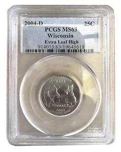 2004-D 25C Wisconsin State Extra LEAF HIGH Washington Quarter PCGS MS63 Coin 618 - Picture 1 of 2