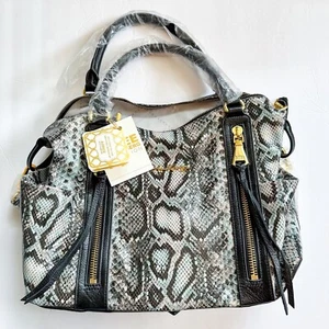 Aimee Kestenberg Leather Handbag Snake Print Satchel Handles Strap Blue Grey - Picture 1 of 12