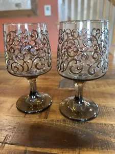 2 Vintage MCM Libbey Prado Stemmed Wine Glasses Scroll Embossed Tawny Brown - Picture 1 of 5
