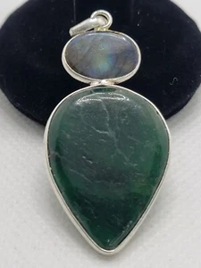 Natürlicher dunkelgrüner Jaspis und Labradorit Anhänger 925 Sterlingsilber 2,25 x 1 Zoll - Bild 1 von 6