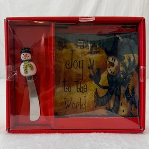 Christmas Snowman Square Cheese Plate & Knife Joy To The World - Picture 1 of 8