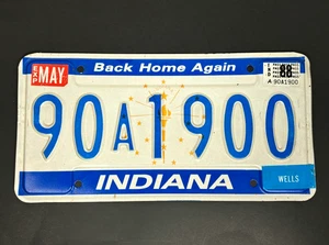 VINTAGE INDIANA LICENSE PLATE BACK HOME AGAIN 90A1900 MAY 1988 STICKER WELLS 80s - Picture 1 of 3