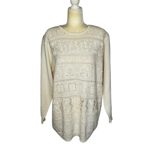Suéter De Colección Alfred Dunner Mezcla de Lana Crema Lentejuelas Cuentas Talla L - Imagen 1 de 11