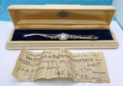 Винтажные женские часы Hamilton в стиле ар-деко из чистого белого золота 14 карат с бриллиантами 19,3 грамма - Изображение 1 из 4