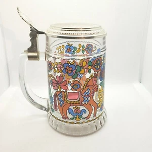 BMFN W-Germany geprägter Deckel bunte Pferde Blumen Glas Bierstein Krug - Bild 1 von 9