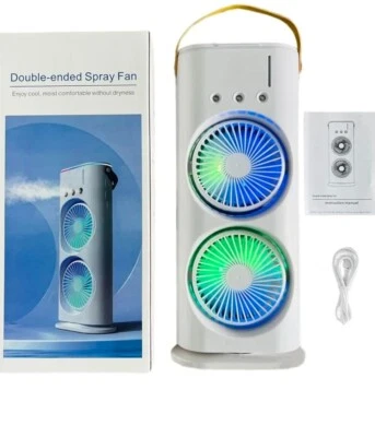 Portable Double Sided Mist Fan, USB Rechargeable Mini Cooling Fan with LED Bulb - Image 1 of 4