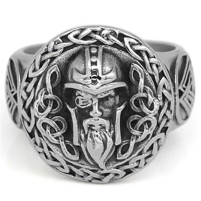 Viking Odin Ring Silver Stainless Steel Norse Knot Valknut Warrior Band - Image 1 of 4