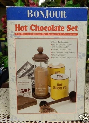 NIB BONJOUR HOT CHOCOLATE SET NON-SKID COASTER, MUGS, SCOOP, RECIPE GUIDE,  - Image 1 of 4