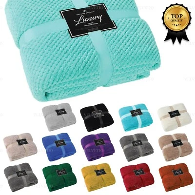 LUXURY POPCORN WAFFLE BLANKET FLEECE TRAVEL THROW SOFA BED WARM COSY EXTRA LARGE - Image 1 of 4
