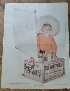  Caja de madera 1920 crema de trigo cereal el pirata arte anuncio vintage como está - Imagen 1 de 1
