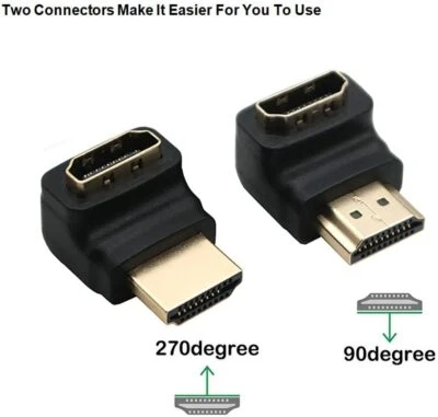 2 x 90 270 Degree Right Angle Angled HDMI Male to Female Adapter Connector Cable - Image 1 of 4