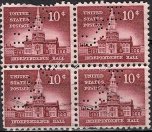 Perfins USA 1954, Sc1044 4x 10c Independence Hall. Used UofM - Picture 1 of 3