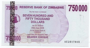 Billete de 750000 dólares de Zimbabue 31-12-2007 Pick 52 aUNC casi sin circular - Imagen 1 de 2