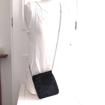 Small black satin sparkly sequin flower evening party bag with long strap - Image 1 of 4