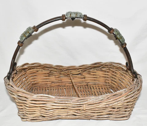 Vintage 16" Hand Woven Rectangle Basket Wicker Basket with Jeweled Iron Handle Cover