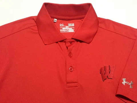 Under Armour Mens MT Medium Tall S/S Red Polo Shirt Wisconsin Badgers NCAA Cover