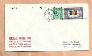 FIRST FLIGHT AM 5 CHARLOTTE N.C TO RALEIGH N.C JAN 1,1944  BROWN - Picture 1 of 1