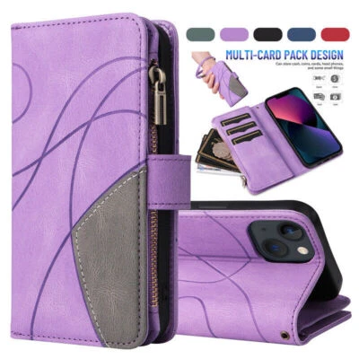 Zipper Splice Leather Wallet Phone Case For iPhone 16 15 14 13 12 11 Pro Max - Image 1 of 4