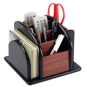 6-Compartment Wood Rotating Remote Caddy/Desktop Office Supply Organizer Holder