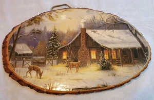 Vintage Bark Edge Wood Slice Art Wall Plaque Buck Deer Rustic Cabin Snow Decor - Picture 1 of 7