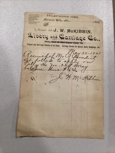 Documento de recibo 1900 Kansas City MO McKibbin Livery & Carriage Co - Imagen 1 de 5