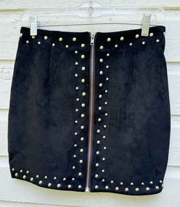 Mini Skirt Black Faux Suede Studded Zipper Front Stretch Short Festival Size 8 - Picture 1 of 4