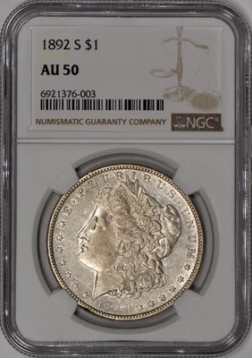 Dólar de plata Morgan 1892-S $1 NGC AU50 - ¡Moneda afilada! Foto 1 de 3