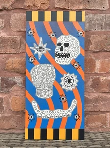 Vibrant Skull Wall Art – Folk Surrealism Artwork On Board, Bold & Unique 1/1 - Picture 1 of 6