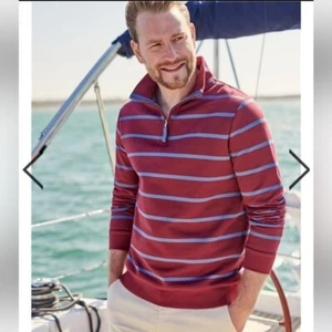 WoolOvers gestreifter Pullover Bio Baumwolle Half Zip Langarm Burgund Blau XL - Bild 1 von 13