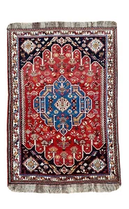RED BLUE AUTHENTIC TRIBAL HAND-KNOTTED WOOL GEOMETRIC AREA RUG QASH QAI 4x6 - Picture 1 of 10