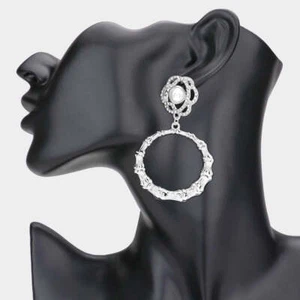Pierced silver bamboo hoop earrings with clear stones & white pearl top - Picture 1 of 3