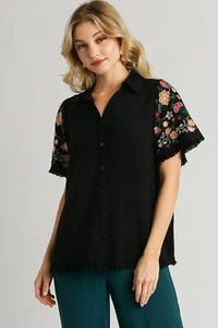 Embroidered Linen Shirt Plus Size Casual Buttoned Top - Picture 1 of 10