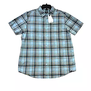 prAna Men Shirt M SS Groveland Crescent Bay Blue Plaid Outdoor Hiking NWT - Picture 1 of 4