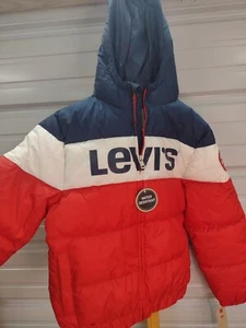 Levi Strauss Boys Size 10/12 Years Puffer Jacket Red White Blue Logo Hood W/ Tag - Picture 1 of 6