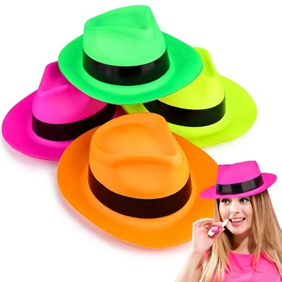 Neon Gangster Hats Party Fancy Dress Bright Fluorescent Hat 12 Pack - Image 1 of 4