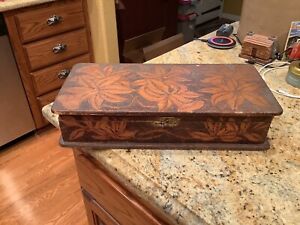 Victorian antique wood long glove box or ? woodburning signed 1910