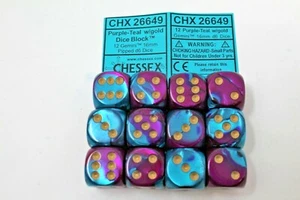 Chessex Purple-Teal with Gold 12 Gemini 16mm Pipped D6 Dice CHX 26649 - Picture 1 of 1