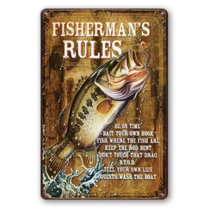 Tin Sign RULES FISHERMAN ROD BENT FISH HOOK Rustic Look Decorative Wall Art - Picture 1 of 2