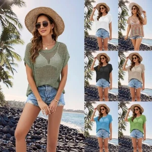 mesh knit top crochet loose fit summer blouse see through breathable beachwear - Picture 1 of 37