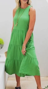 Ex Voto Etta Midi Sundress in Meadow Green Gauge Cotton Sleeveless Tie Back XS/S - Bild 1 von 12