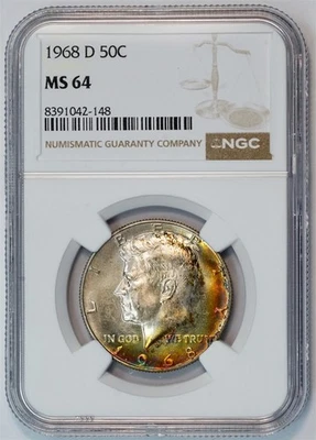 1968 D Kennedy Half Dollar Crescent Rainbow Toning MS 64 NGC 50C US COIN - Image 1 of 4