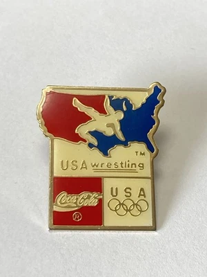 Vintage Barcelona Olympics Wrestling Team USA Epoxy Pin Coca Cola Sponsor US Map - Image 1 of 4